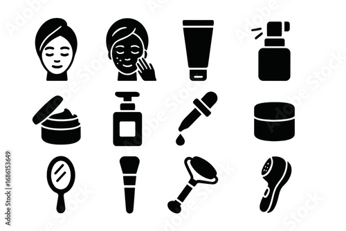 Beauty routine solid icon set. Skincare and cosmetic tools for facial care collection. Face cream, serum, lotion, spa, and dermatology vector glyph illustration symbols.