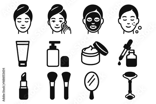 Beauty routine solid glyph icon set. Skincare and cosmetic tools collection. Facial care procedures, face mask, cream, serum, lipstick and jade roller vector pictograms.