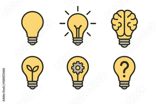 Light bulb icon set for innovation, creativity and ideas. Vector lamp symbols with brain, gear, plant sprout, question mark for concepts like problem solving and inspiration.