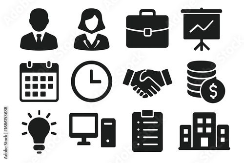 Business and office solid glyph icons set. Professional corporate symbols for management, finance, marketing. Vector silhouette collection of man, woman, money, handshake, idea.