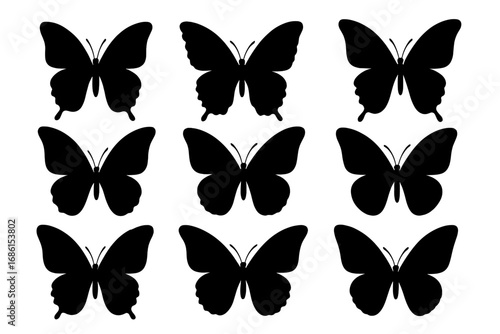 Butterfly silhouette icon set. A collection of beautiful and elegant black insect shapes. Vector graphic illustration for nature-inspired design, decoration, or logo elements.
