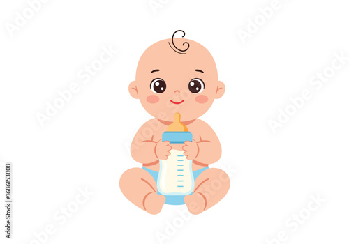 Baby holding a bottle of milk, perfect for baby products, parenting blogs, and childcare advertisements. Joyful infant with nourishing milk.