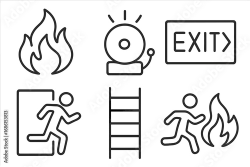 Emergency evacuation line icon set. Fire safety symbols collection. Vector pictograms of an alarm, exit sign, ladder, and escape route. Danger warning linear signs for public places.