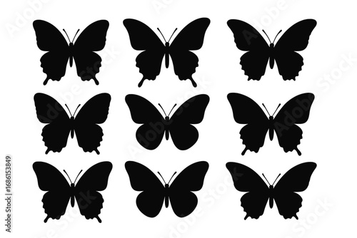 Butterfly silhouette vector icon set. Elegant black insect shapes. Collection of nature themed butterflies with open wings for graphic design, logo, tattoo or decorative element.