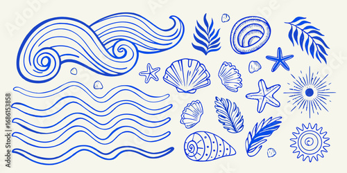 Collection of hand drawn blue ocean waves seashells starfish and tropical leaves on a cream background