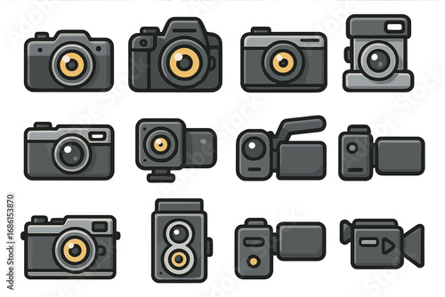 Camera and video recorder icon set. Photography and videography equipment symbols. Collection of DSLR, mirrorless, camcorder, action cam vector cartoon illustrations. Photo sign.