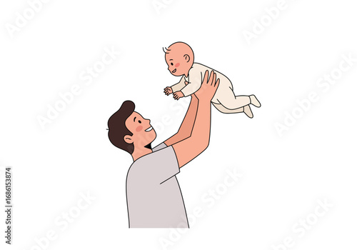 Smiling man lifting a happy baby up high. Perfect for parenting blogs, childcare advertisements, and familyrelated designs.