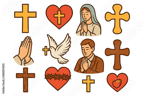 Christian religious symbols icon set. Cross, praying hands, Virgin Mary, dove, Sacred Heart. Faith, spirituality, prayer concept. God, Jesus Christ, bible story elements.