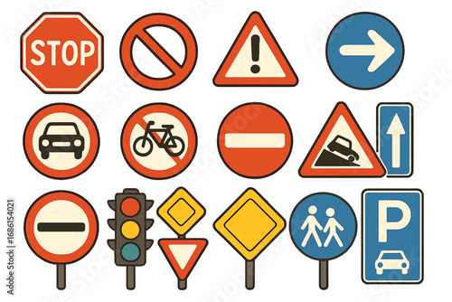 Road signs vector set. Big collection of traffic safety and regulation symbols. Stop, warning, no entry, parking, traffic light, pedestrian crossing icons. Cartoon illustration.
