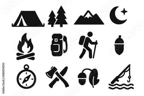 Wallpaper Mural Camping and hiking outdoor adventure icon set. Collection of silhouette symbols for nature exploration, travel and survival. Tent, mountain, fire, and forest vector glyphs. Torontodigital.ca