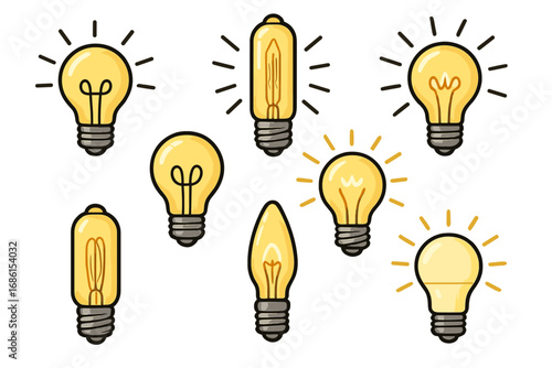 Set of glowing light bulb icons in various shapes. Collection of cartoon lamps. Symbol of idea, creativity, innovation, energy, solution, inspiration, and bright thinking.