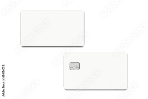 Realistic credit card and business card vector mockup. Blank white template for branding identity. Front and back view of a plastic card with chip. Empty payment mock-up.