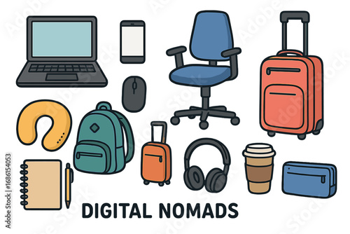 Digital nomad essentials icon set. Remote work equipment. Freelancer lifestyle concept. Work from anywhere tools. Laptop, luggage, chair, travel accessories. Vector cartoon kit.