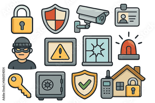 Security and protection icon set. Home safety, surveillance camera, theft, and alarm system symbols. Vector collection of padlock, shield, safe, burglar, and access control icons.