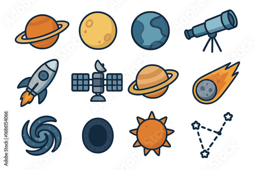Space icon collection. Set of cartoon vector illustrations. Planet, earth, sun, moon, rocket, satellite, telescope, comet, galaxy, constellation, saturn. Astronomy science.