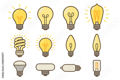 Light bulb collection vector illustration. Set of different lamp icons symbolizing idea, creativity, innovation, and energy. Includes incandescent, LED, and fluorescent types.