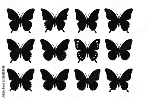 Butterfly silhouette icon set. Black insect shapes collection. Vector graphic of various flying butterflies for design. Nature, spring, and summer decorative elements.