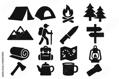 Camping and outdoor adventure silhouette icon set. Hiking equipment, travel, and survival gear collection. Vector glyphs for tourism, campfire, tent, and mountain exploration.