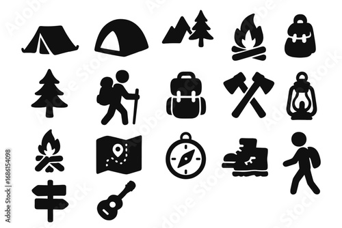 Camping and outdoor adventure silhouette icon set. Hiking and trekking equipment vector collection. Graphic symbols of tent, campfire, mountain, backpack and compass for travel.