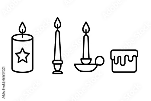 Candle and accessories outline icon set. Vector collection of various candles, including pillar, taper, and candlestick holders. Simple line art for decoration, cozy hygge concepts.