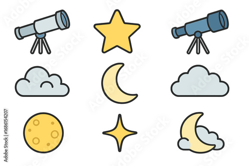 Astronomy icon set with telescope, star, and moon. Vector cartoon illustration for stargazing and science. Night sky elements collection. Space observation and celestial objects.