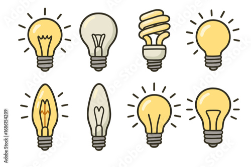 Light bulb set vector icon collection. Symbol of idea, creativity, innovation, solution, thinking. Electric lamp, energy saving, incandescent. Cartoon doodle illustration.