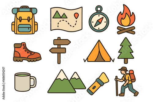 Camping and outdoor adventure colorful icon set. Hiking, travel equipment symbols. Vector cartoon illustration of tent, backpack, campfire, compass, map, mountains and forest.
