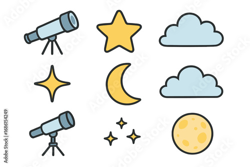Astronomy icon set. Simple cartoon collection of space elements for science project. Telescope, star, moon, cloud. Night sky observation symbols. Flat vector illustration.