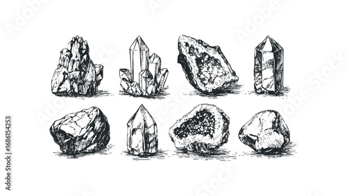 Collection of Hand-Drawn Crystal Formations and Geodes. Vector hand drawn illustration