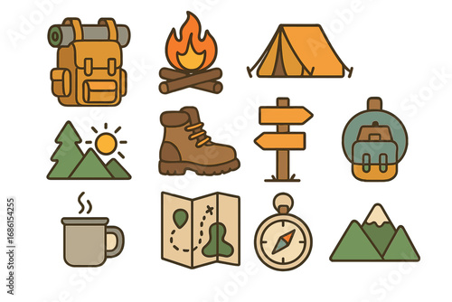 Set of camping and outdoor adventure icons. Hiking, travel, trekking and exploration symbols. Vector illustration of backpack, campfire, tent, map, compass, and mountains.