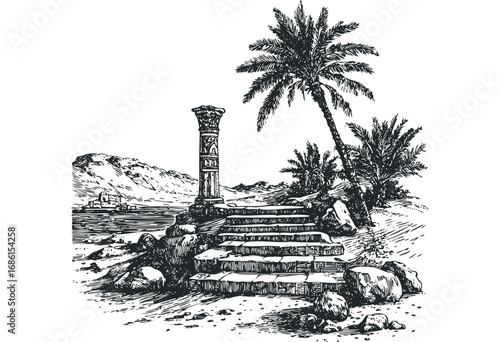 Ancient stone stairs leading to a weathered column with palm trees. Vector hand drawn illustration