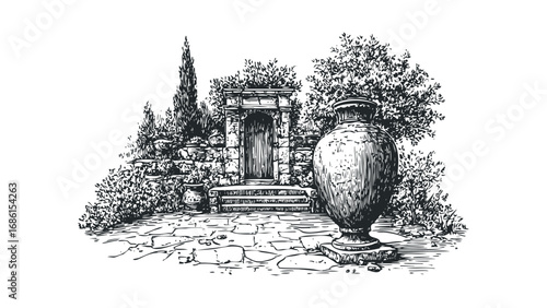 Sketch of an ornate garden entrance with a large urn and stone path. Vector hand drawn illustration