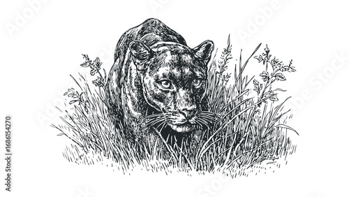 Black Panther stalking through tall grass sketch. Vector hand drawn illustration