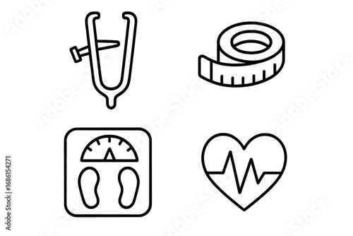 Health and fitness assessment outline icons. Vector set of client assessment tools including body fat caliper, tape measure, weight scale, and heart rate symbol for wellness.