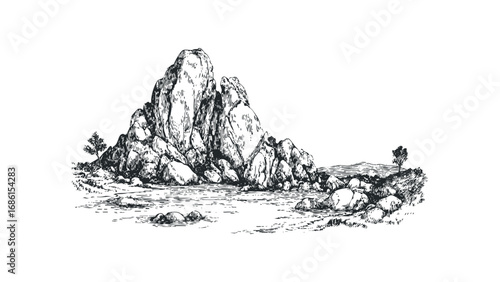 Sketch of rocky landscape with a body of water and sparse trees. Vector hand drawn illustration