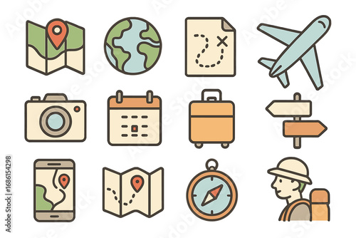 Travel icon collection for journey and vacation planning. Vector line art set with symbols for exploration, adventure, tourism, navigation, gps, map, plane, and luggage.