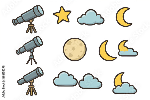 Astronomy icon set vector cartoon illustration. Telescope, star, full moon, crescent, and cloud collection for science education. Night sky observation and space discovery symbols.