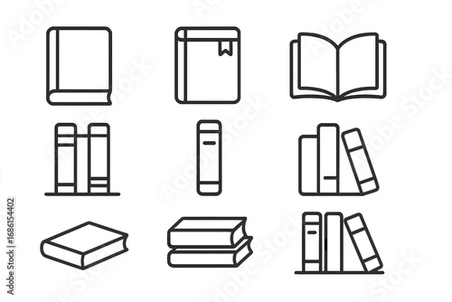 Book icon set. Simple line icons of books for library, literature, education, and reading concepts. Minimalist vector design elements, open book, stack, and bookshelf symbols.