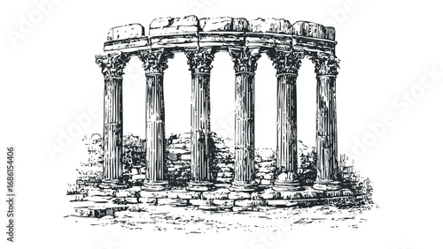 Ancient Greek temple ruins with Corinthian columns and stone foundation. Vector hand drawn illustration