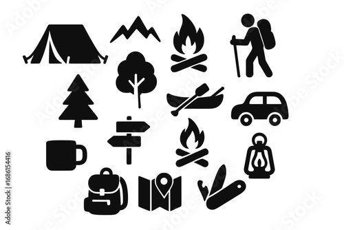 Camping and outdoor adventure icon set. Silhouette collection of tent, campfire, mountain, hiker, travel, and nature graphics. Vector equipment for recreation and tourism.