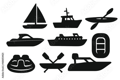 Boat and ship silhouette icon set. Vector collection of watercraft: sailboat, yacht, cruise ship, ferry, speedboat, kayak, dinghy, raft. Nautical water transport symbols.