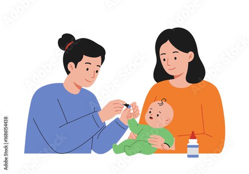 Parent giving medicine to baby while another parent assists, suitable for articles on parenting and child healthcare. Perfect for parental care visuals.