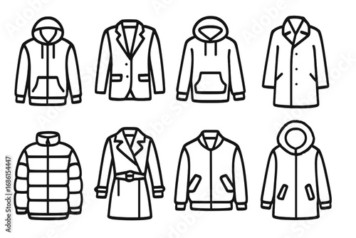 Fashion clothing outline icon set. Jackets, coats, hoodies, and outerwear linear icons. Vector collection of puffer, bomber, blazer, and parka for web or app design.