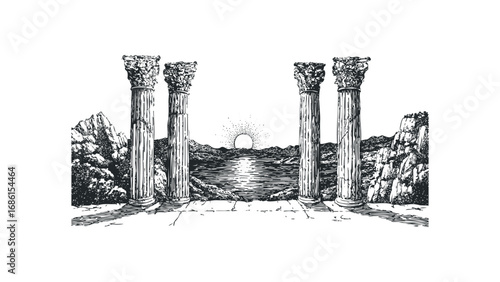 Ancient Greek columns stand before a tranquil seascape with a rising sun. Vector hand drawn illustration