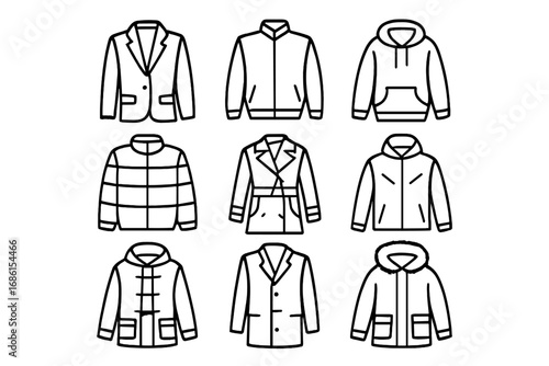 Jacket and coat outline icon set. Fashion outerwear linear symbol collection with blazer, hoodie, parka, bomber and trench coat. Vector line art for apparel design.