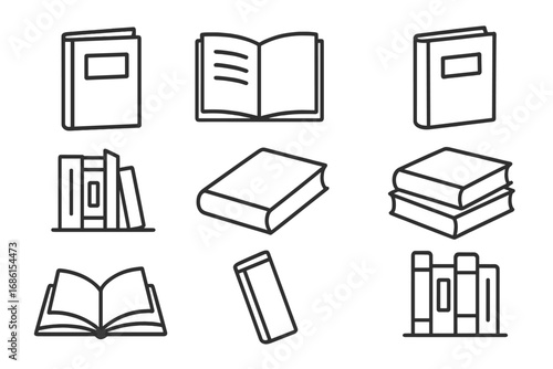 Book line icon set. Open and closed books, stack, bookshelf. Simple outline pictogram collection for education, library, reading, literature, study, learning, knowledge concept.