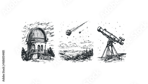 Hand-drawn sketch of astronomical observatory with telescope and meteor shower. Vector hand drawn illustration