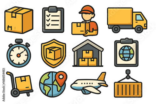 Logistics and delivery icon set. Shipping, transportation, and supply chain symbols. Includes truck, plane, warehouse, and package tracking for freight and cargo business.