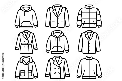 Fashion clothing outline icon set. Jackets, coats, hoodies linear icons. Outerwear collection. Puffer, blazer, trench coat, parka. Vector apparel symbols. Winter clothes.