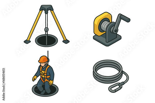 Confined space entry and rescue isometric icon set. Safety equipment with tripod hoist, winch, retrieval cable, worker in harness over manhole. Vector cartoon icons for work safety.